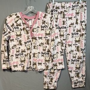 Grumpy Cat Pajamas Set Women XL Pink Fleece Sleep Pants & Shirt Pjs Nope FLAW